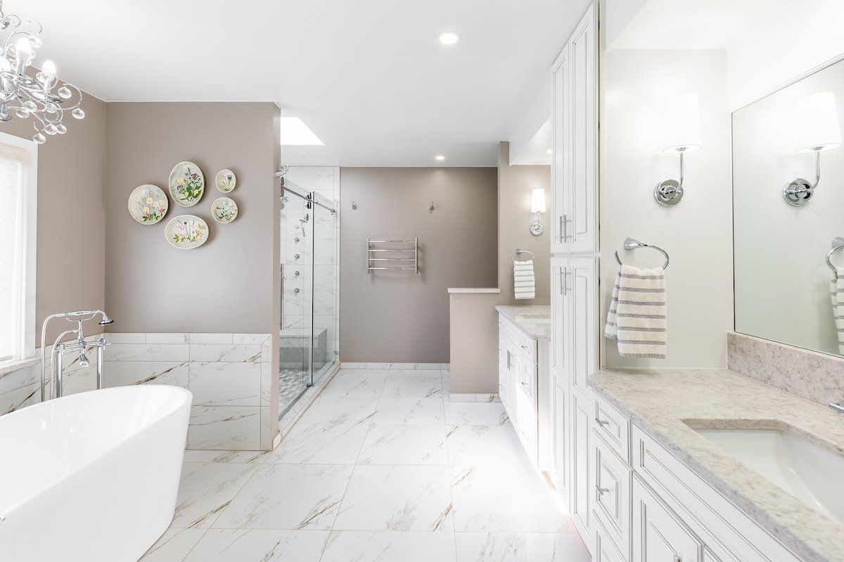 Lazer Carrara Main Field Tile, Rolling Fog Q Quartz Vanity Tops Painted Pewter Glazed Waypoint Cabinets