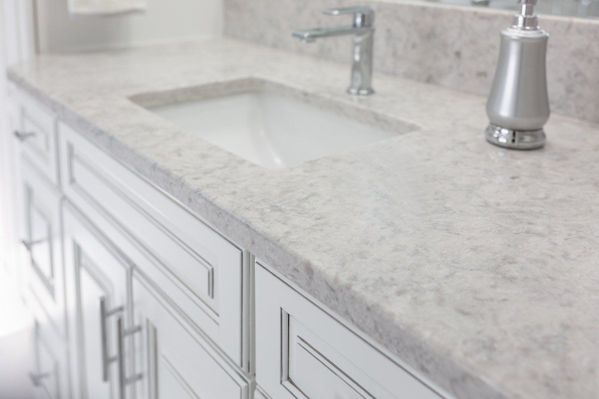 Rolling Fog Q Quartz Countertop, Painted Pewter Glazed Waypoint Cabinets