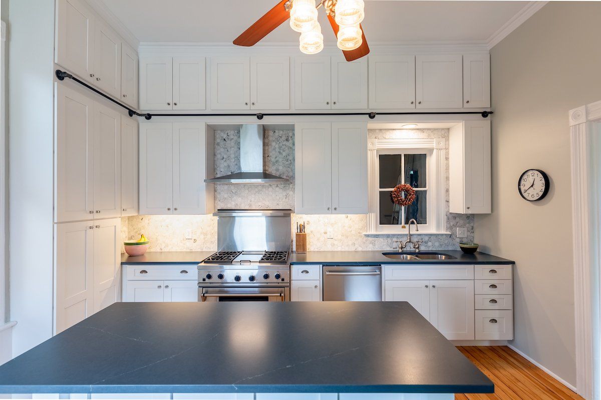Waypoint Pained Linen Cabinets   with Charcoal Soapstone Suede Silestone Countertops