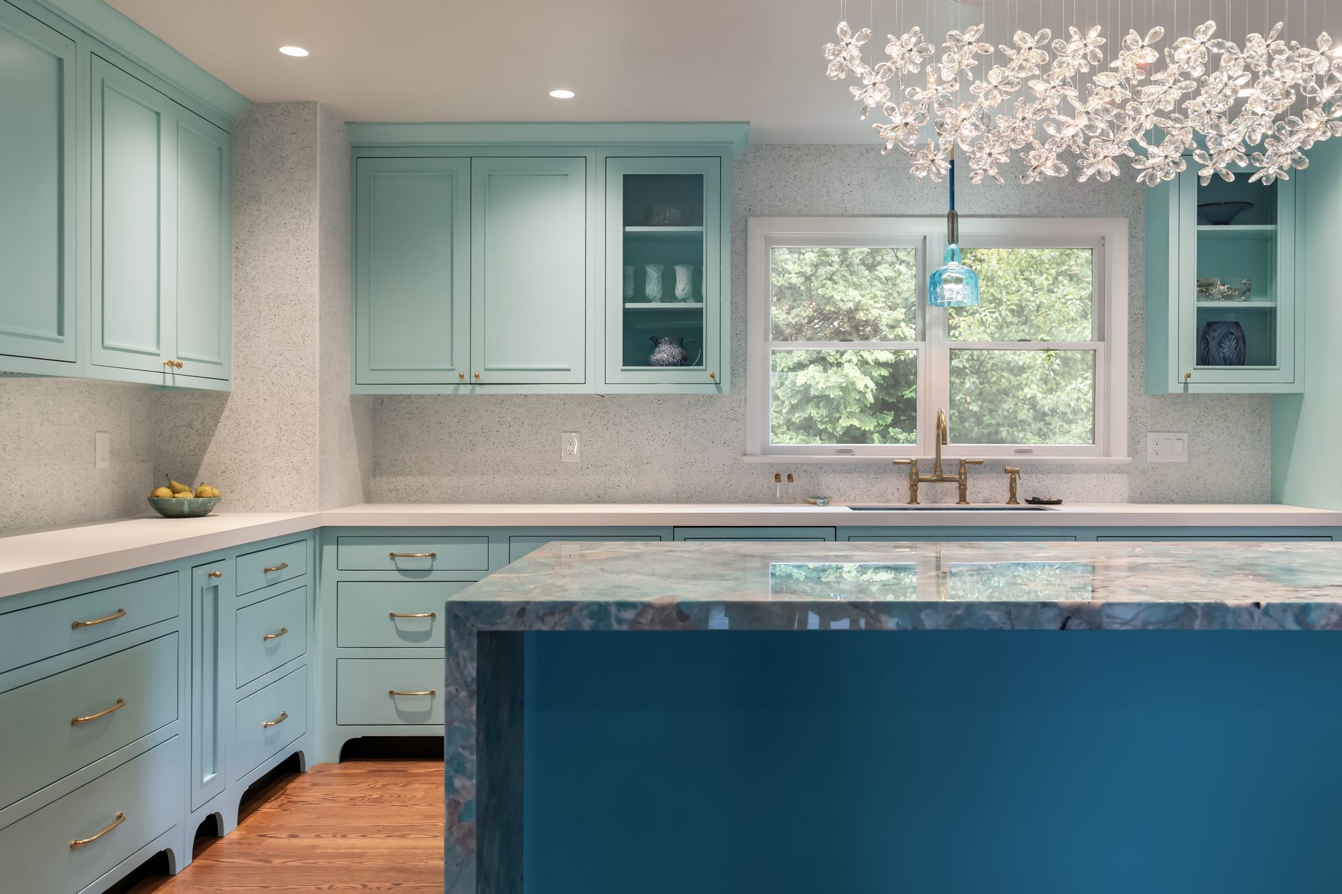 Island Cabinet Custom Color Matched to Benjamin Moore Poseidon
Perimeter Cabinets Custom Color Matched to Benjamin Moore Ocean Frost