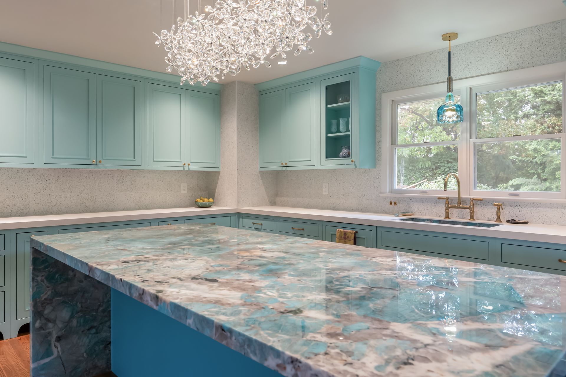 Amazonite Polished Quartzite Island with Island Cabinet custom color matched to Benjamin Moore Poseidon by Herco 