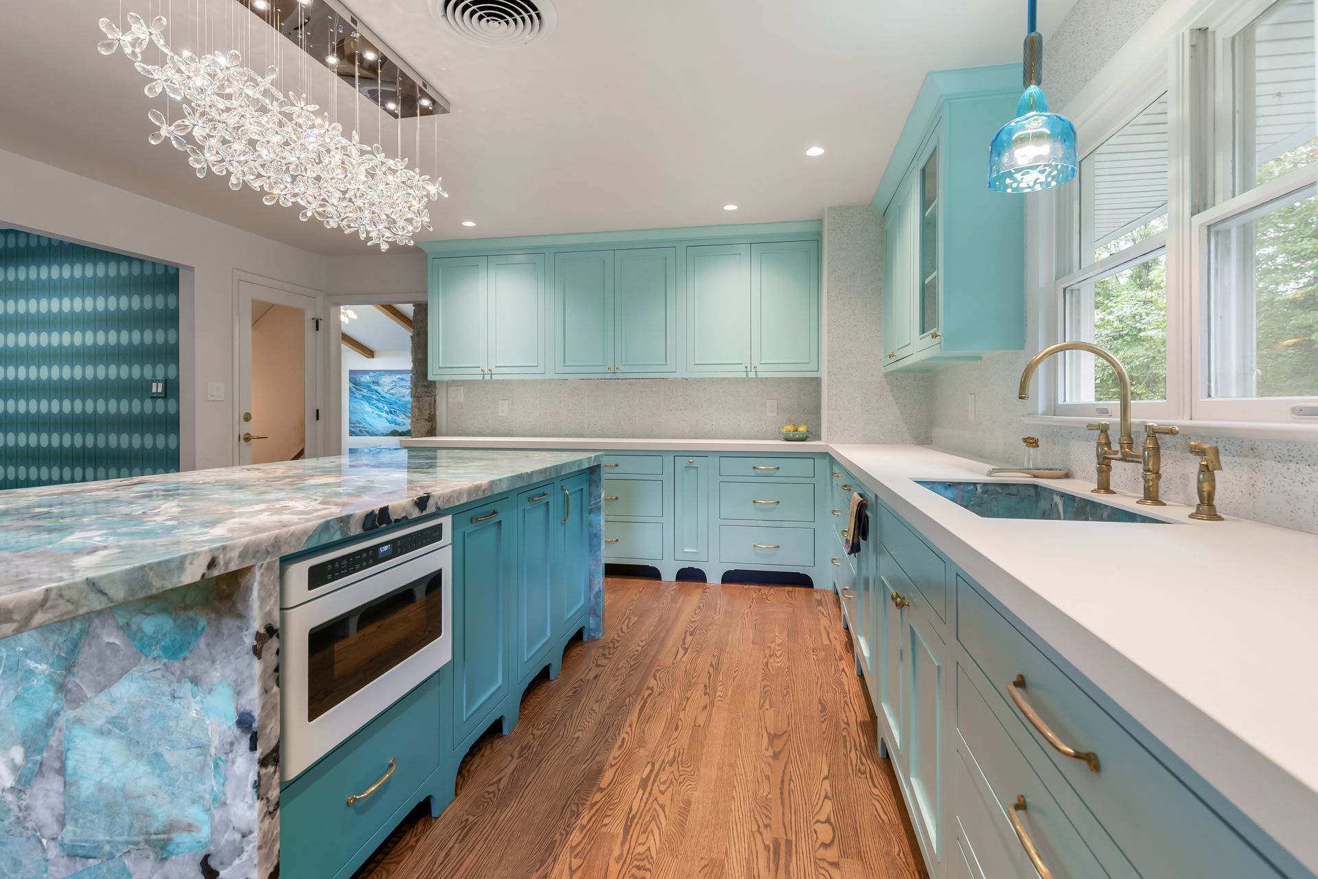 Perimeter Cabinets custom color matched to Benjamin Moore Ocean Frost by Kiln
Island Cabinet custom color matched to Benjamin Moore Poseidon by Kiln