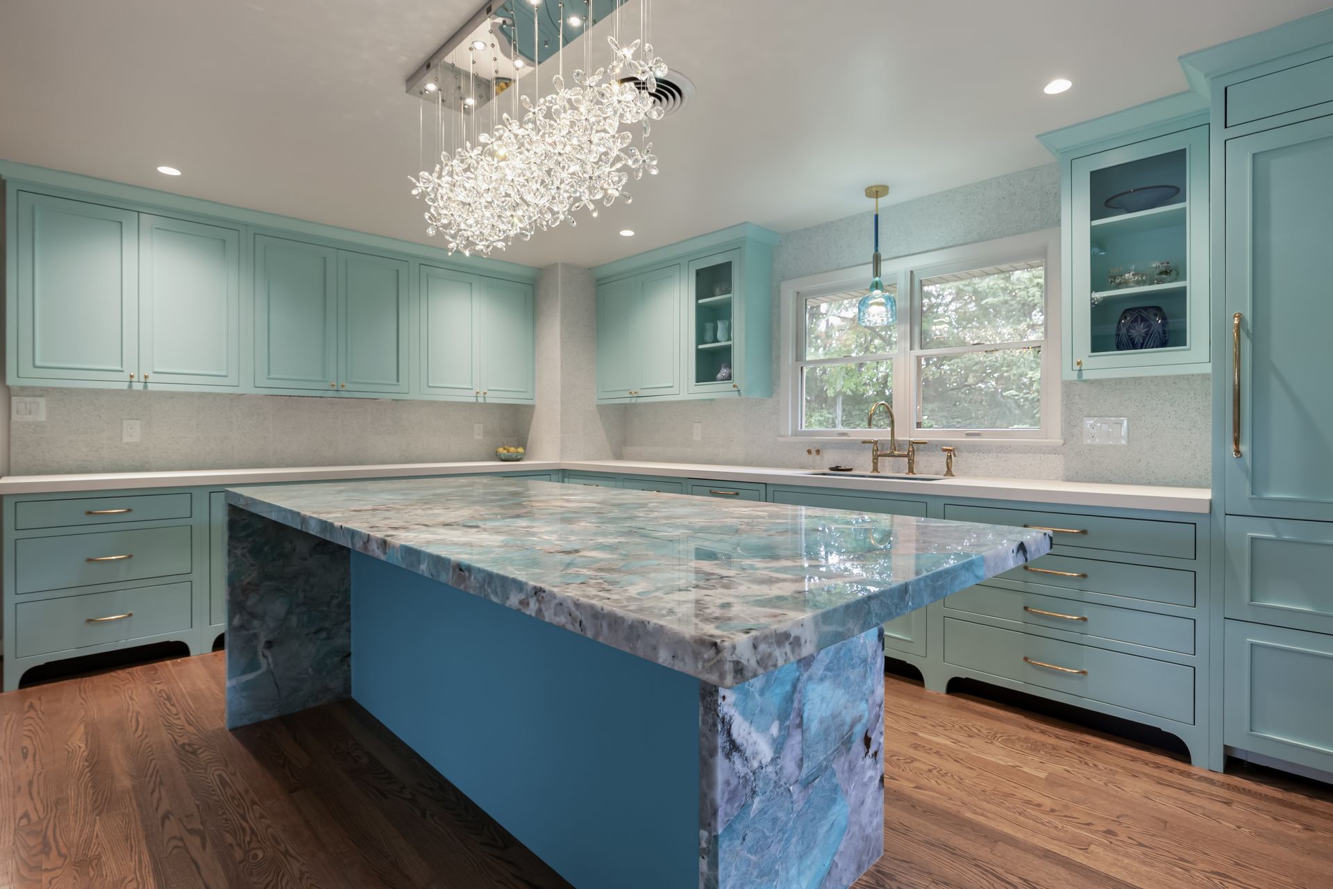 Amazonite Polished Quartzite Island with Island Cabinet custom color matched to Benjamin Moore Poseidon by Herco 
