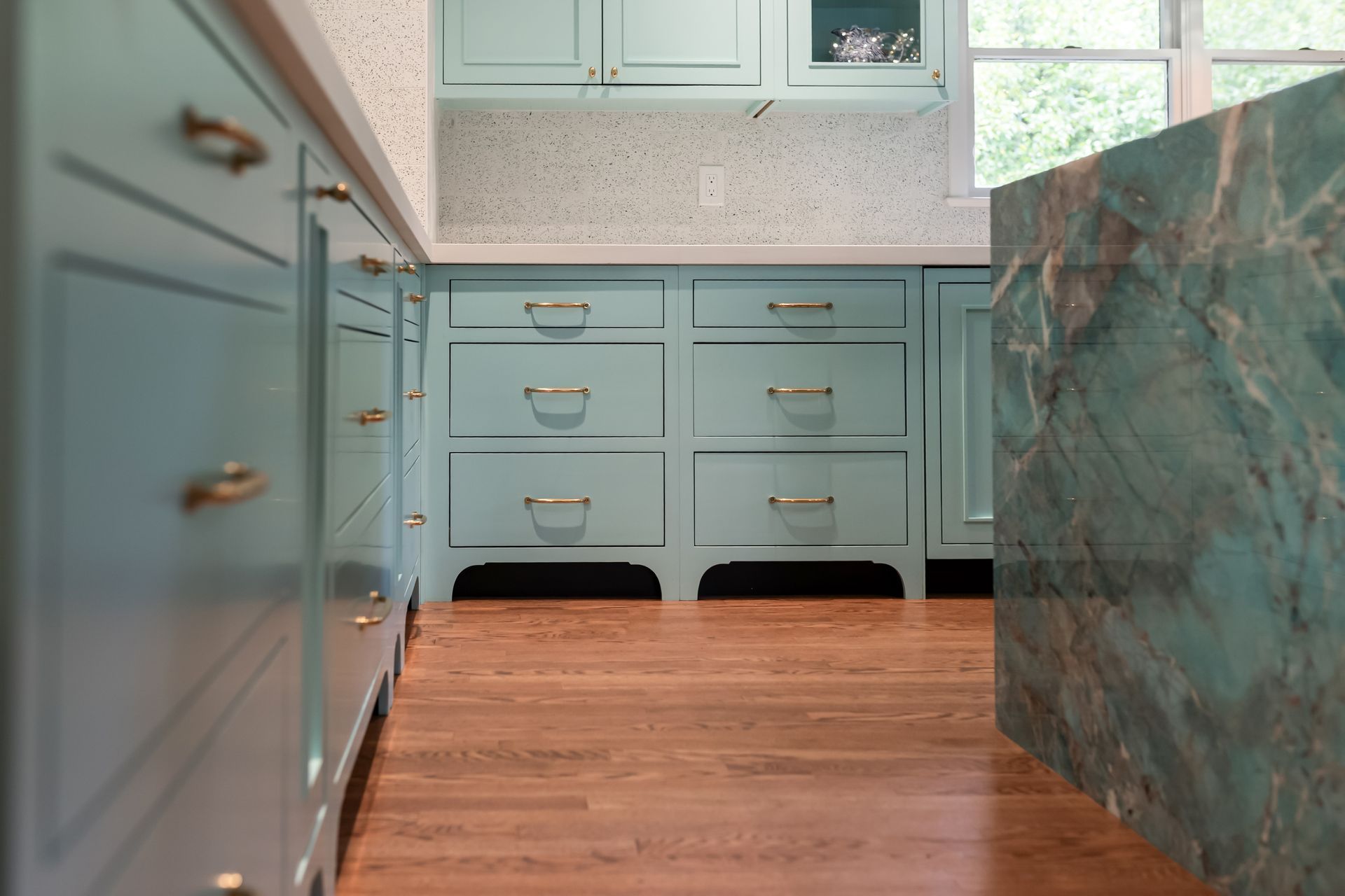 Perimeter Cabinets Custom Color Matched to Benjamin Moore Ocean Frost