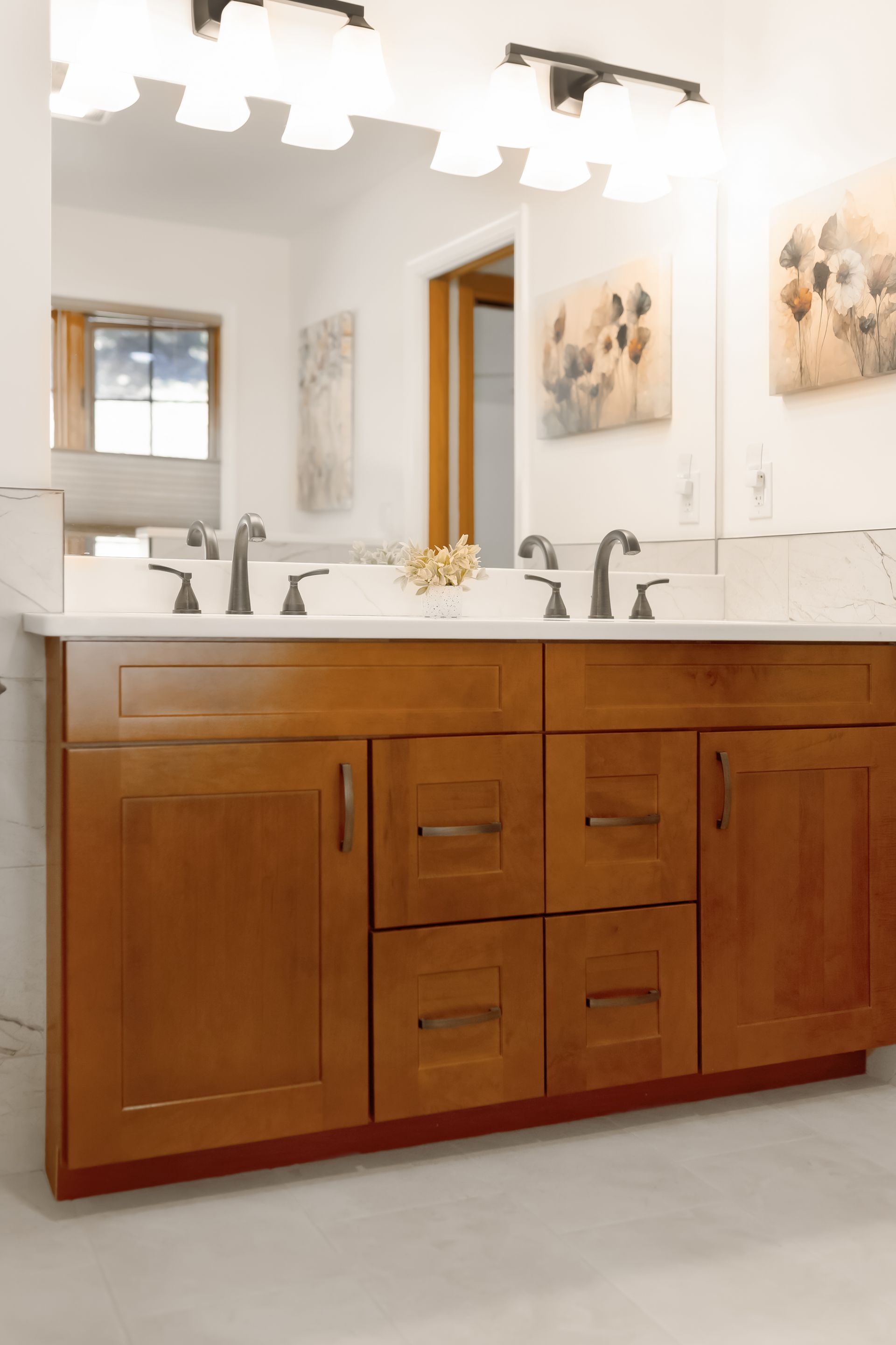 Waypoint Maple Cognac Cabinetry with Calacatta Mirragio Gold Vanity Top