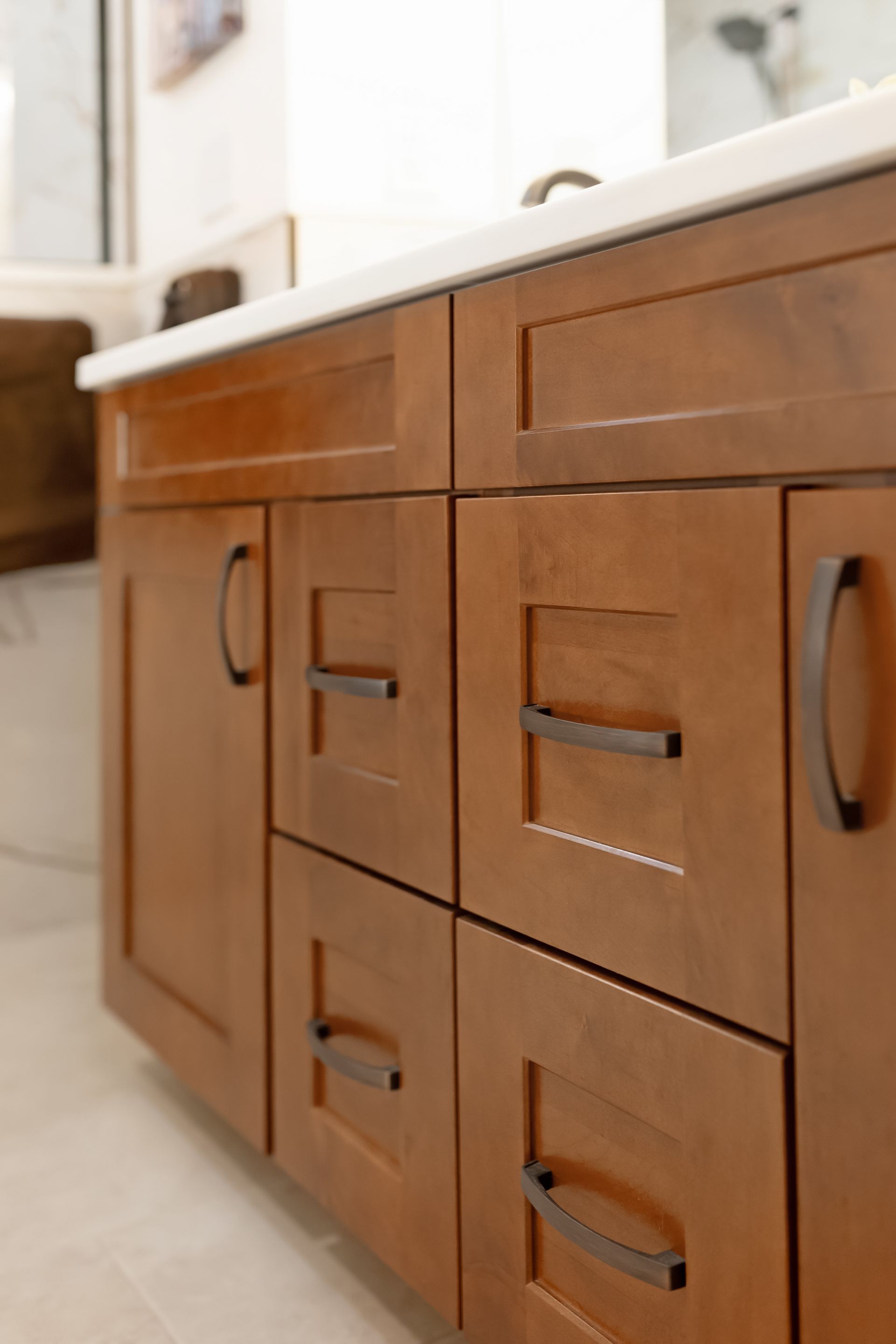 Waypoint Maple Cognac Cabinetry with Calacatta Mirragio Gold Vanity Top