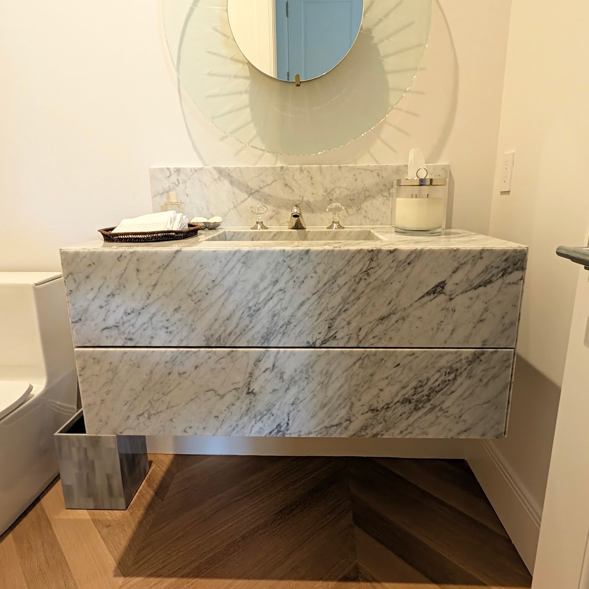 White Carrara Marble Vanity Top and Drawer Fronts