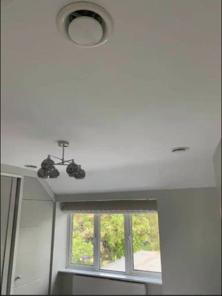 Ceiling with ventilation, light fixture, and window overlooking greenery in a room.