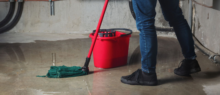 Person mopping a wet garage floor beside a red bucket and parked car tires