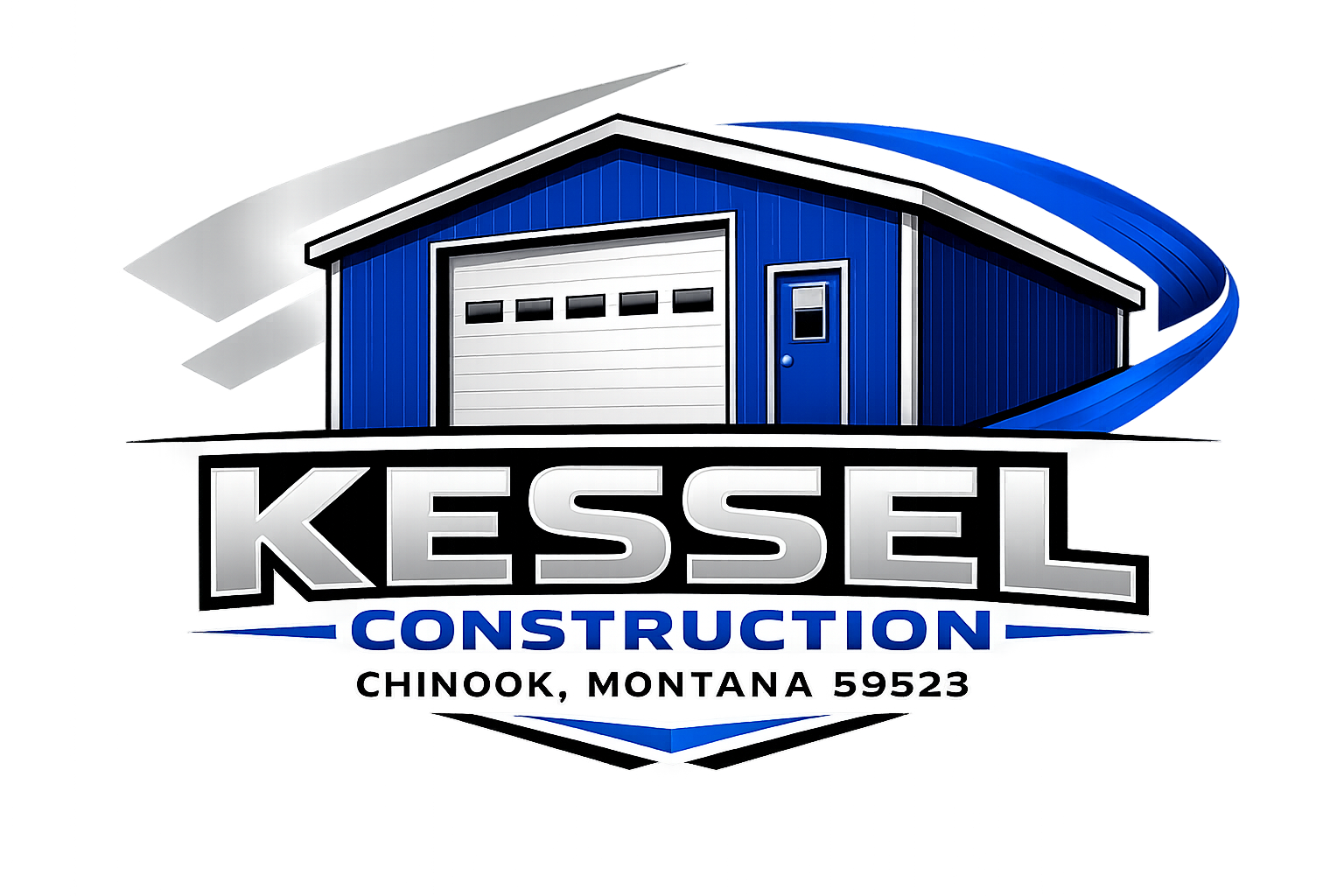 Kessel Construction logo with blue-and-white building graphic and Chinook, Montana text