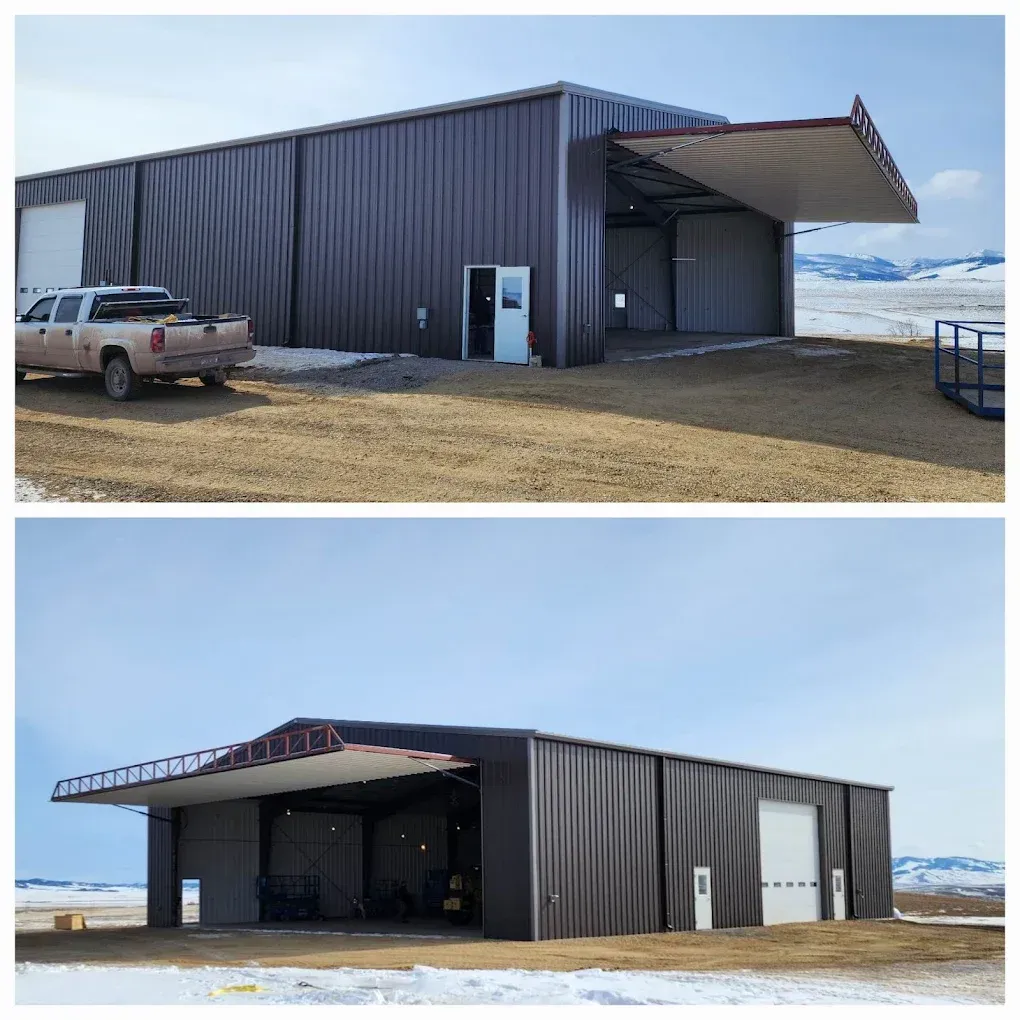 Two views of a dark metal hangar-style building with an open bay and truck parked outside in a snowy field