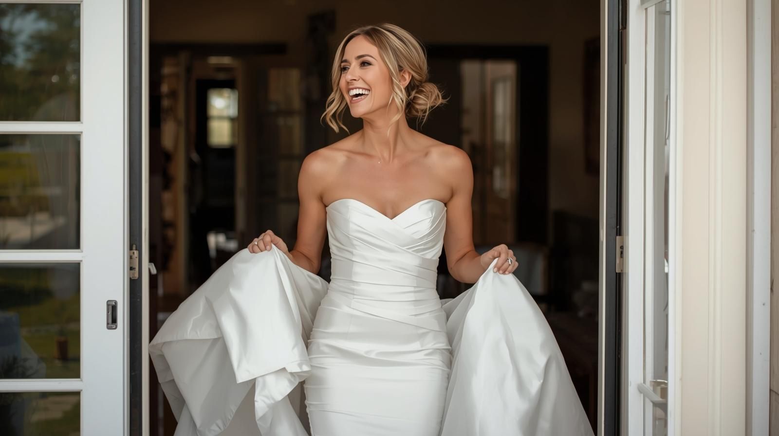 Sposa felice che esce di casa il giorno delle sue Nozze a la sposa di eugenia