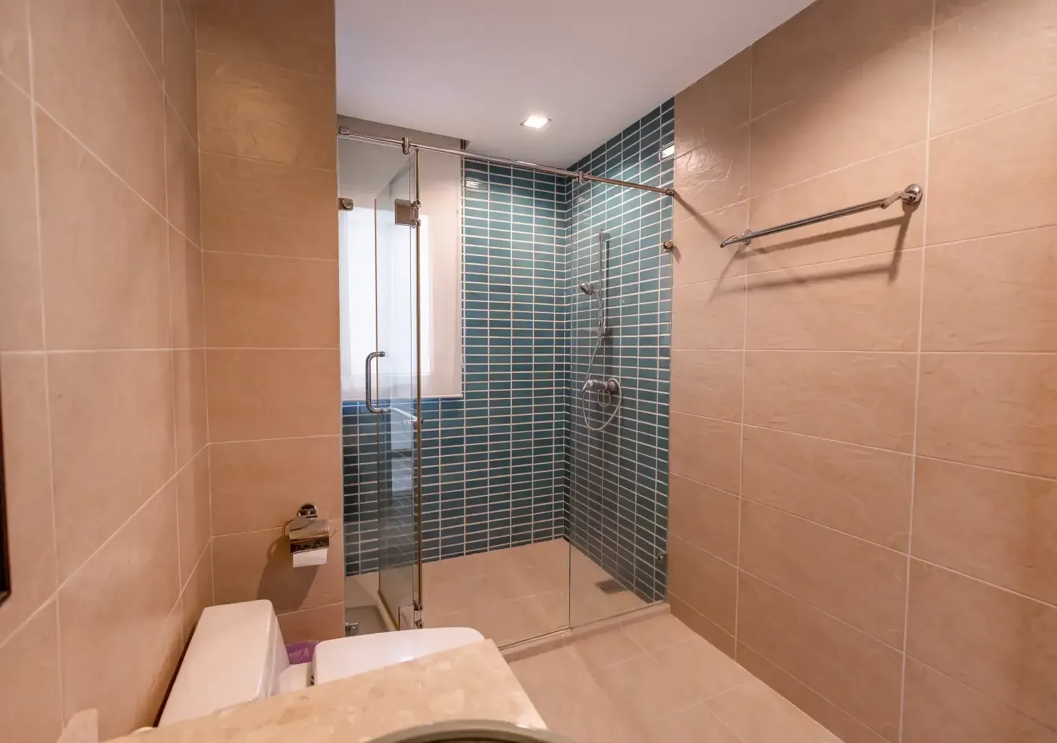 A bathroom with a toilet , sink and walk in shower.