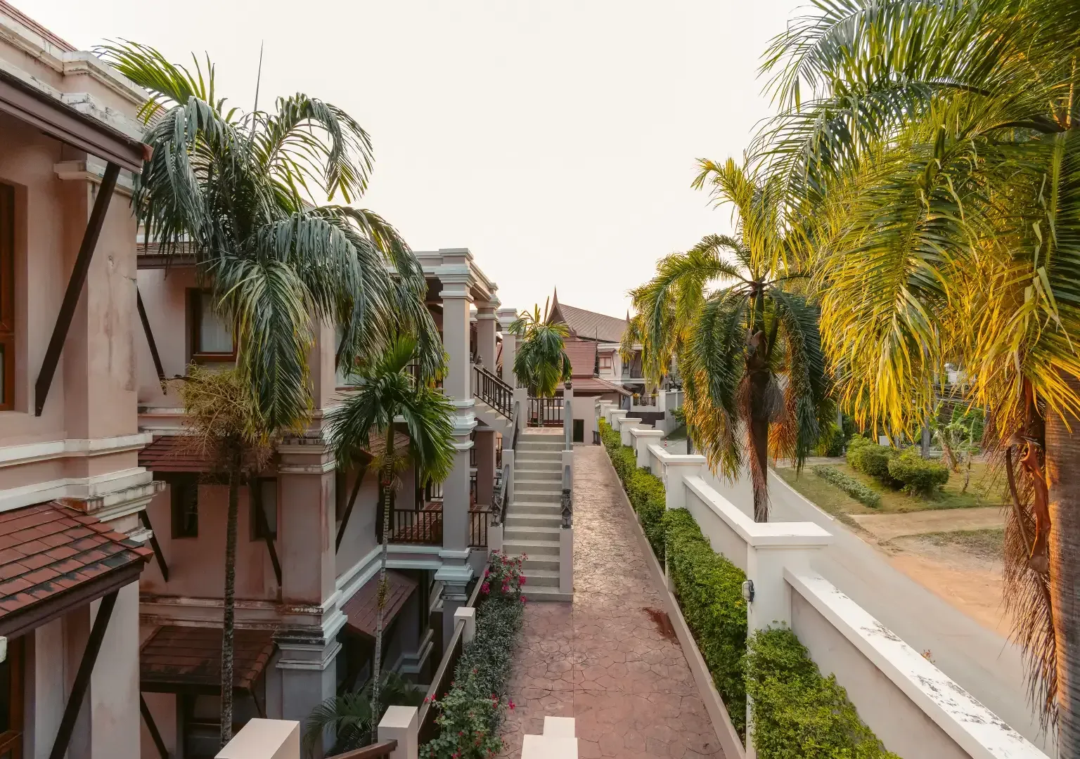 A narrow walkway between two buildings surrounded by palm trees