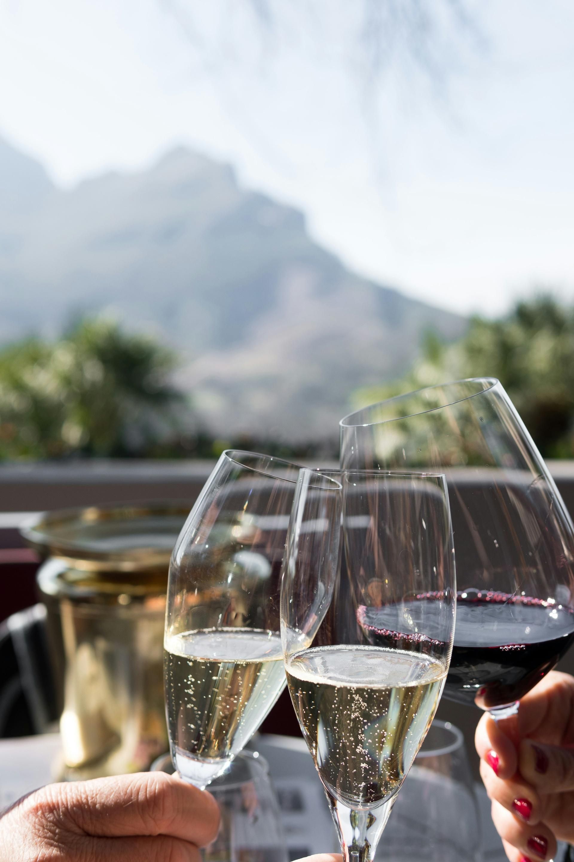 Hands raising wine glasses at an outdoor table with mountains in the background