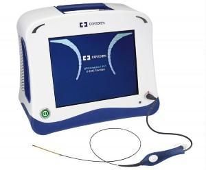 A blue and white device with a hose attached to it.