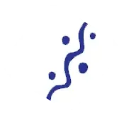 A blue swirl with three dots on a white background.