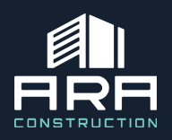 ARA Construction logo with stylized building icon, white on dark blue background.