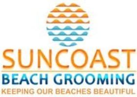 Suncoast Beach Grooming logo: orange and blue sun graphic, blue text