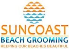 Suncoast Beach Grooming logo: orange and blue sun graphic, blue text