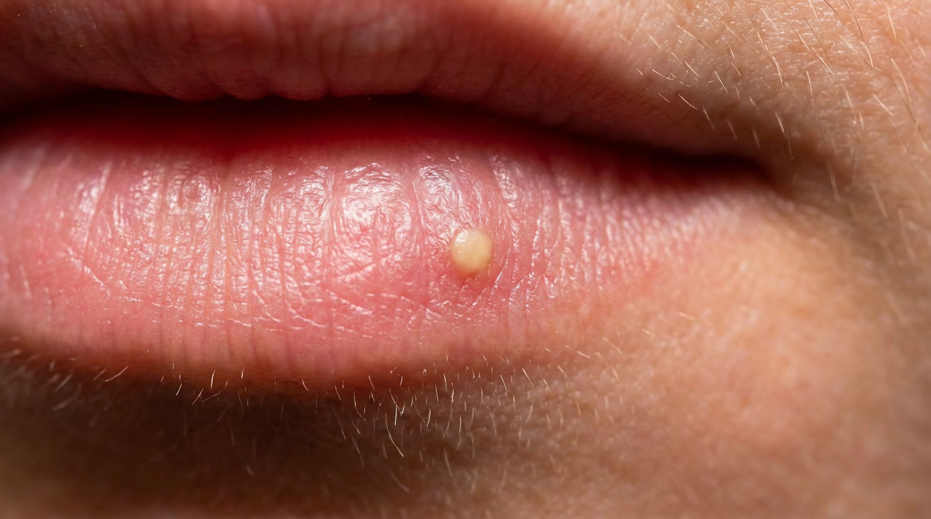 Close-up of a lip with a small, raised, white bump.