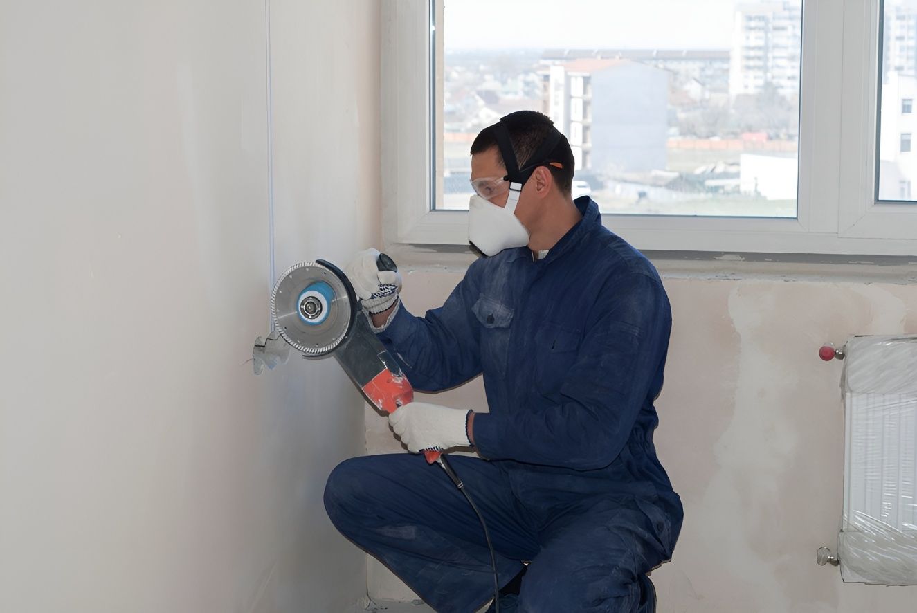 A Man Wearing a Mask is Using a Grinder on a Wall — Premier Inspections FNQ In Cooktown, QLD