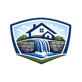 A blue shield emblem featuring a house atop a stone wall with a waterfall flowing into a pool.