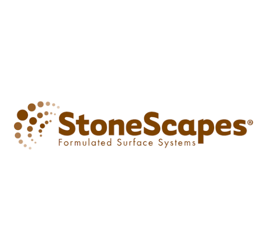 A brown logo for stonescapes formulated surface systems