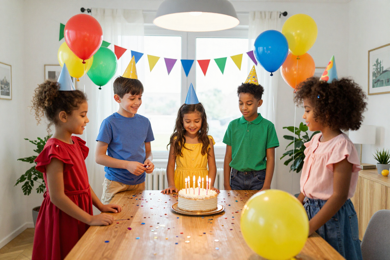Los niños se reunieron alrededor de una tarta de cumpleaños en una mesa de fiesta decorada con globos y guirnaldas de colores.