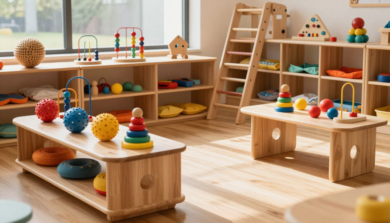 Aula Montessori de madera con coloridos juguetes apilables, estantes y mesas de juego en una habitación luminosa con ventana.