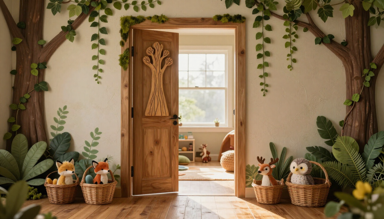 Acogedora entrada rústica con puerta de madera, plantas en macetas, cestas y luz solar que entra por una ventana.
