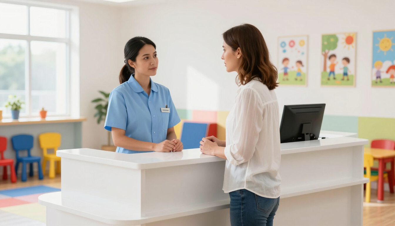 Dos personas conversando en el mostrador de recepción de una luminosa sala de espera de una clínica.