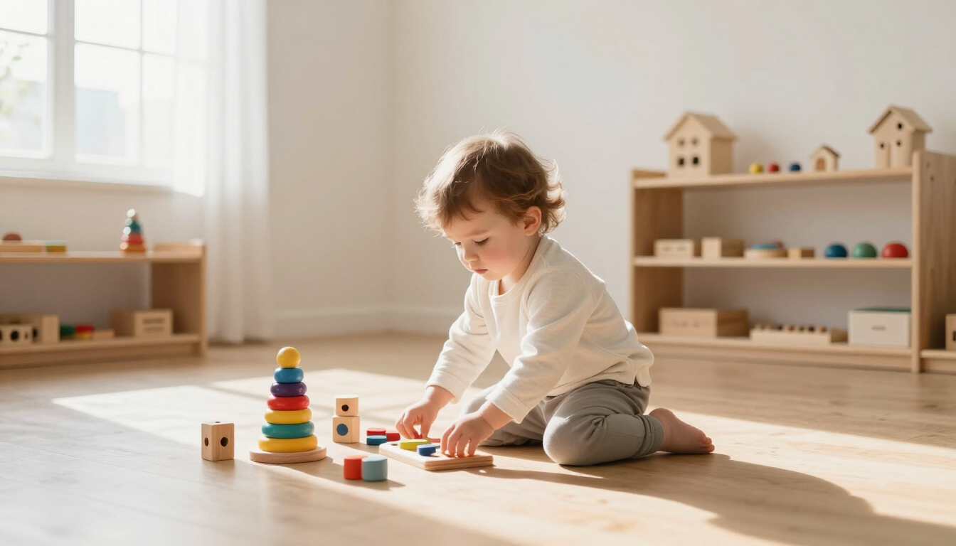 Un niño juega con coloridos juguetes de madera en un suelo soleado de una luminosa sala de juegos.