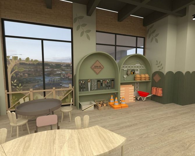 Interior acogedor de cafetería con mesa redonda, estanterías, decoración en las paredes y luz solar cálida que entra por grandes ventanales.