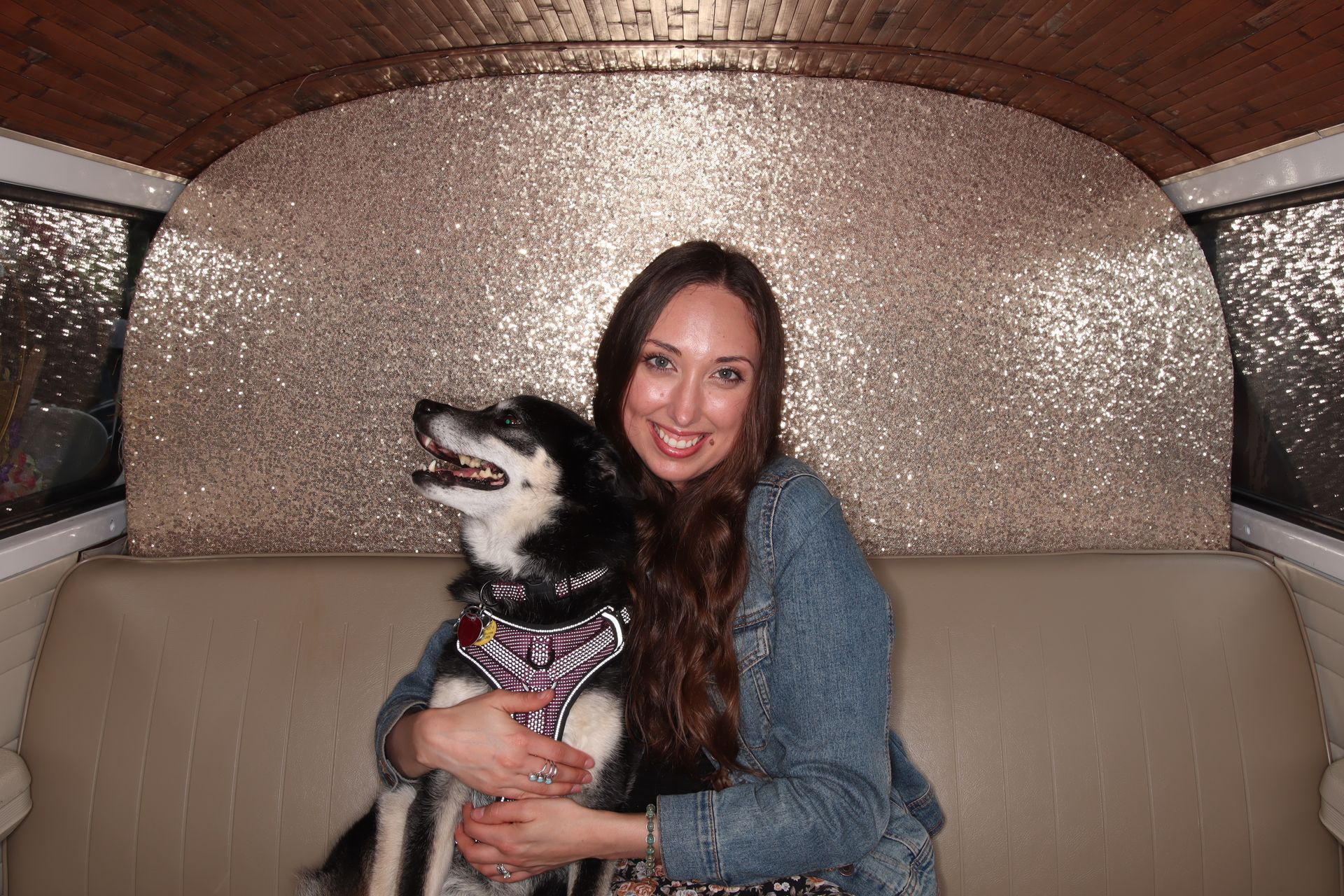 A girl and her dog take photos inside the SunKissed Photo Bus Photo Booth in Chattanooga, TN
