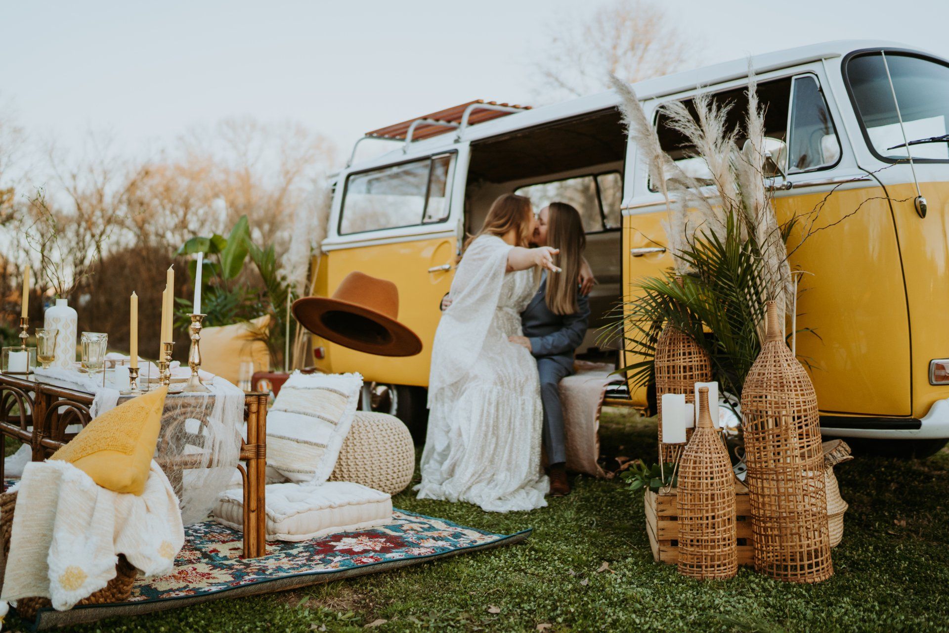 VW bus photo shoot in sunflower field