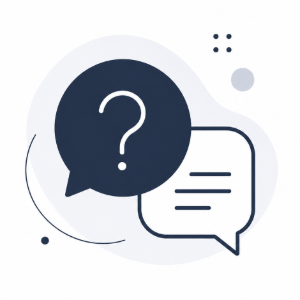 Two overlapping chat bubbles, one with a question mark, in dark blue and white on a light background