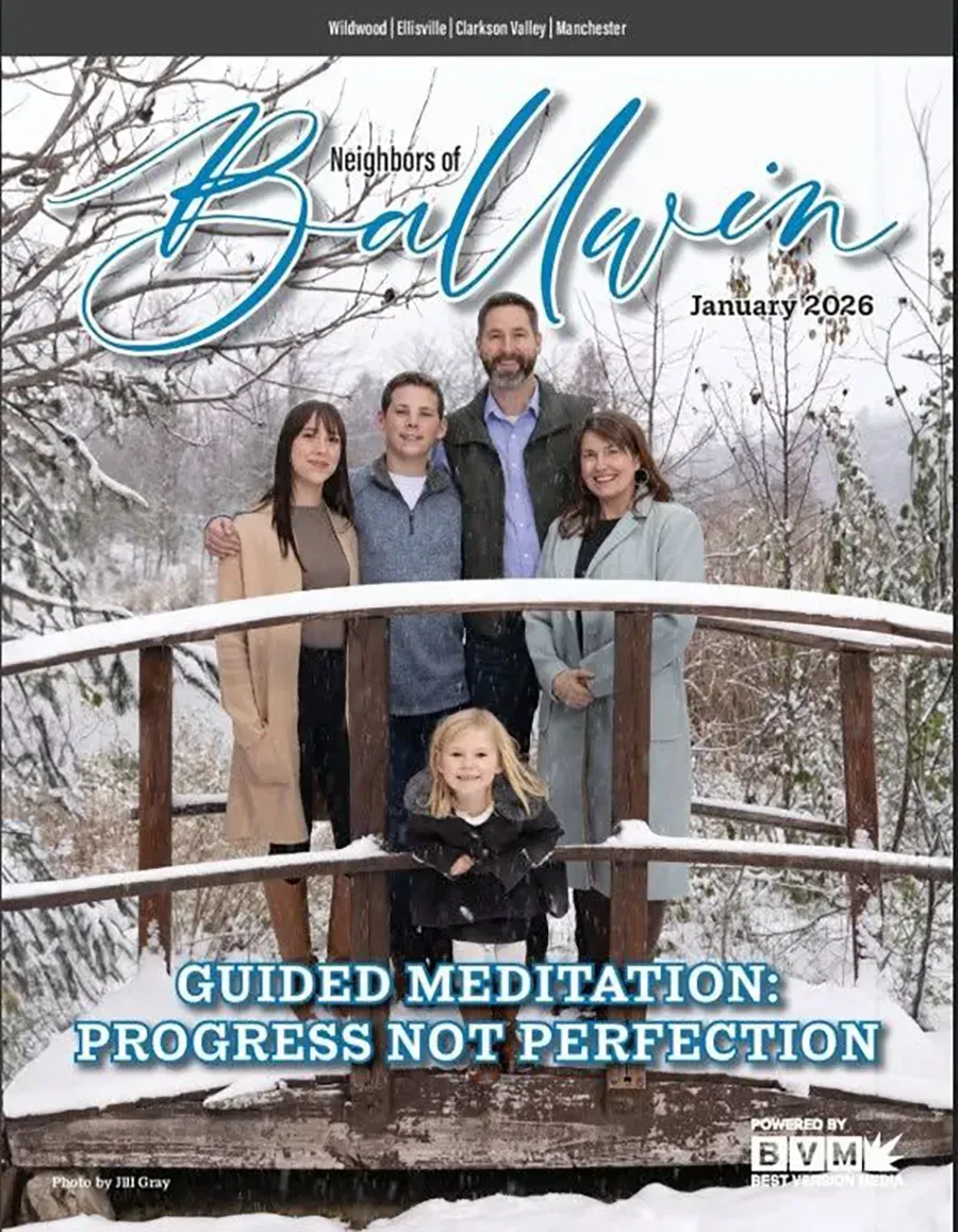 Family standing on snowy bridge with title “Guided Meditation: Progress Not Perfection” by Ballwin Township