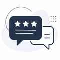 Two overlapping chat bubbles with star ratings, in dark blue and white minimalist style.