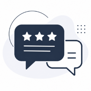 Two overlapping chat bubbles with star ratings, in dark blue and white minimalist style.
