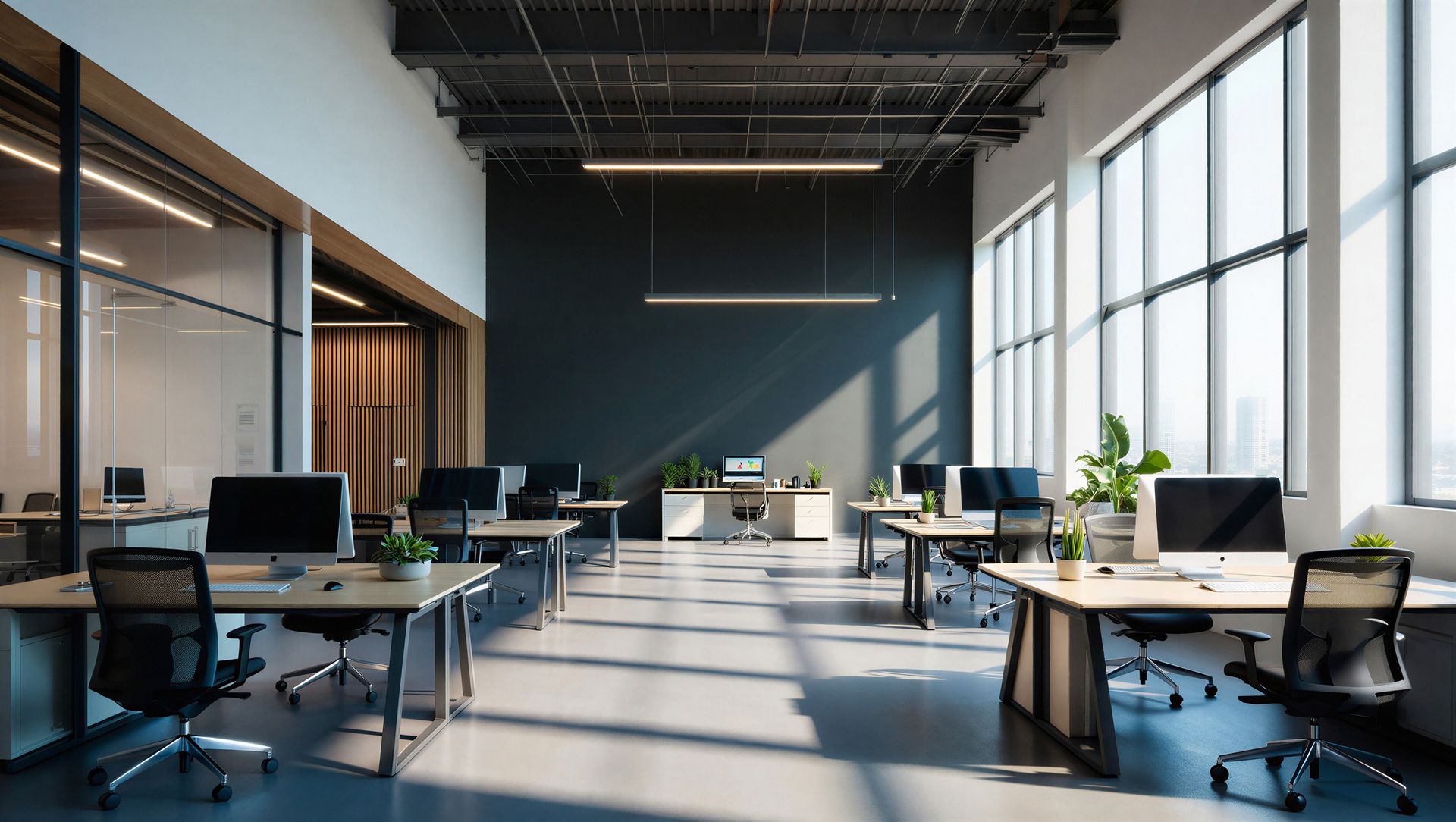 Modern open office with desks, chairs, large windows, and sunlight streaming across the floor