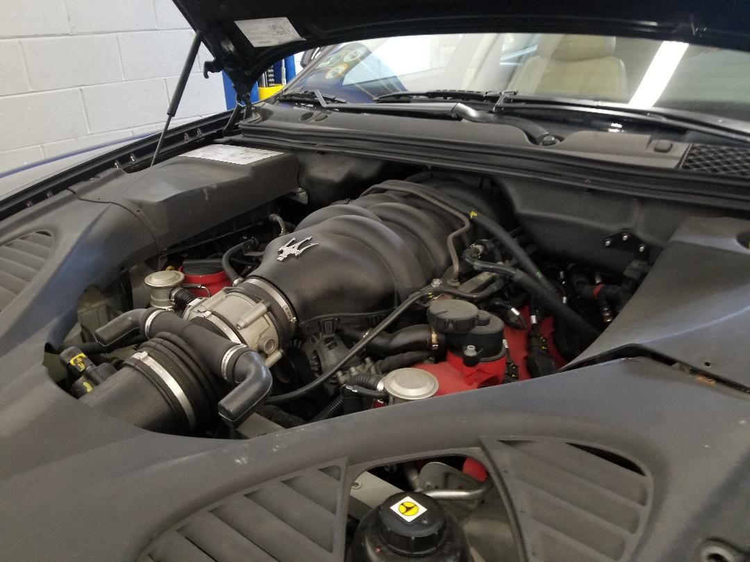 Car engine bay with a large supercharged V8 and red valve covers under an open hood