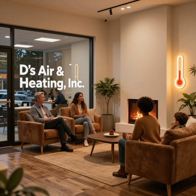 Waiting area at D’s Air & Heating, Inc. with people seated by a fireplace and thermostat wall sign.