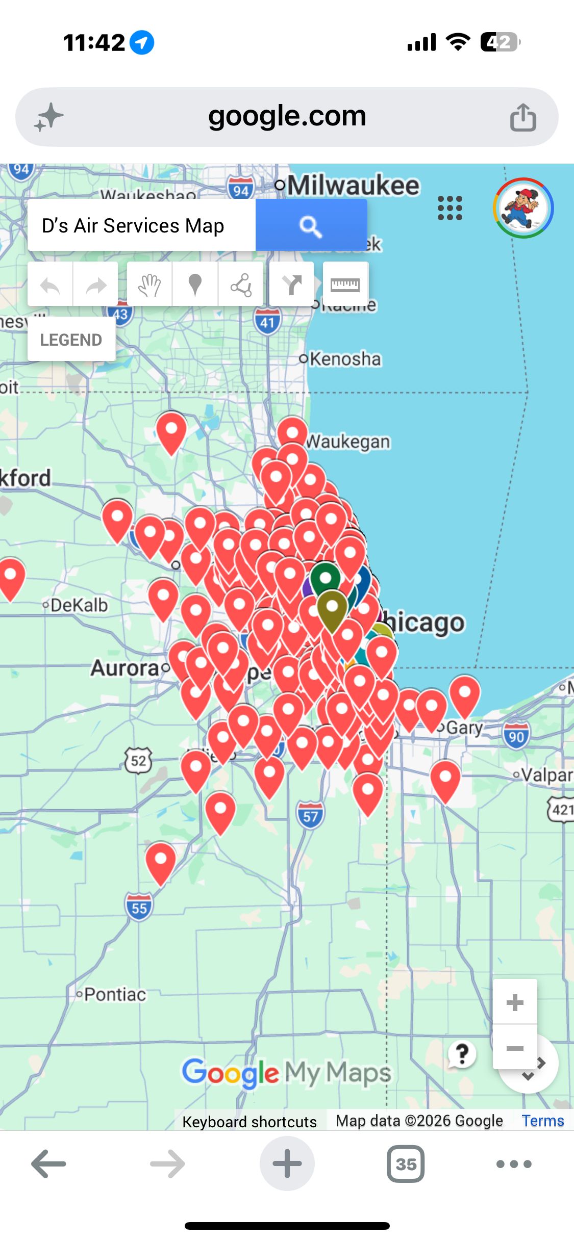 Google Maps view of a city with many red location pins clustered around the center.