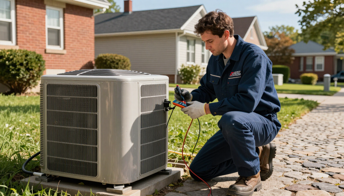 HVAC technician inspecting a central air conditioning unit outside a Chicago home.