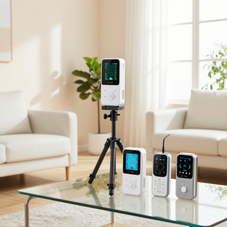 Five small smart devices displayed on a glass table in a bright living room, one mounted on a tripod