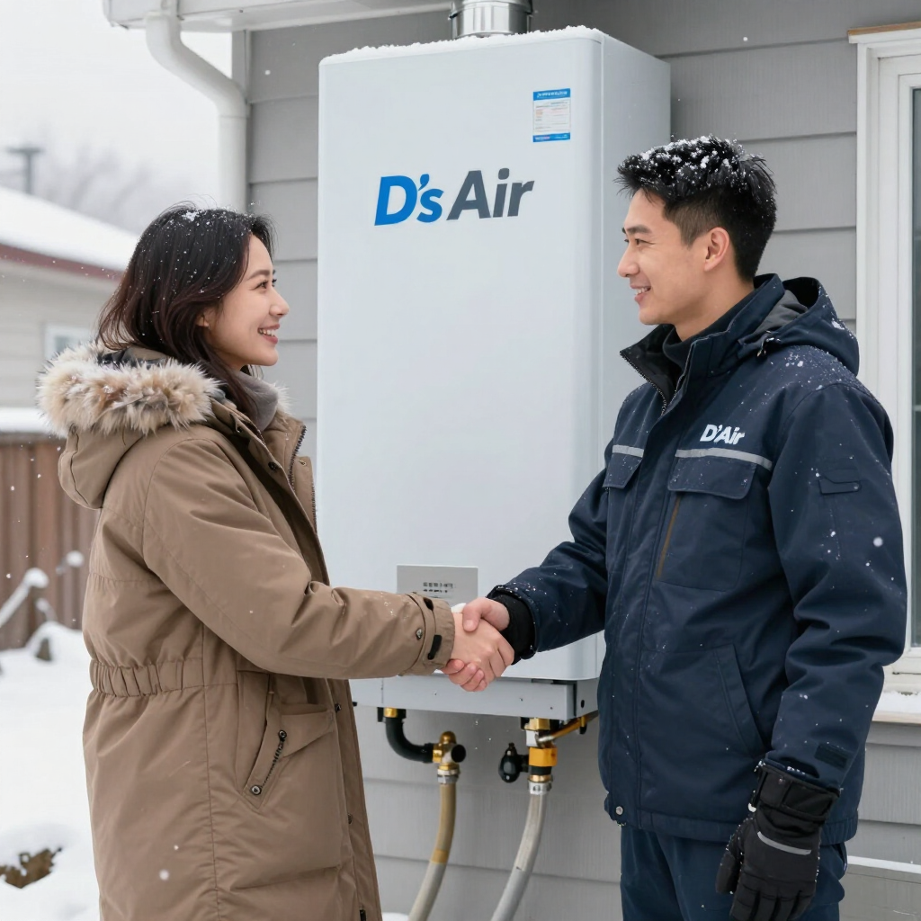 Winter photo of a D’s Air Heating & Cooling | HVAC technician completing a new water heater installation for a homeowner