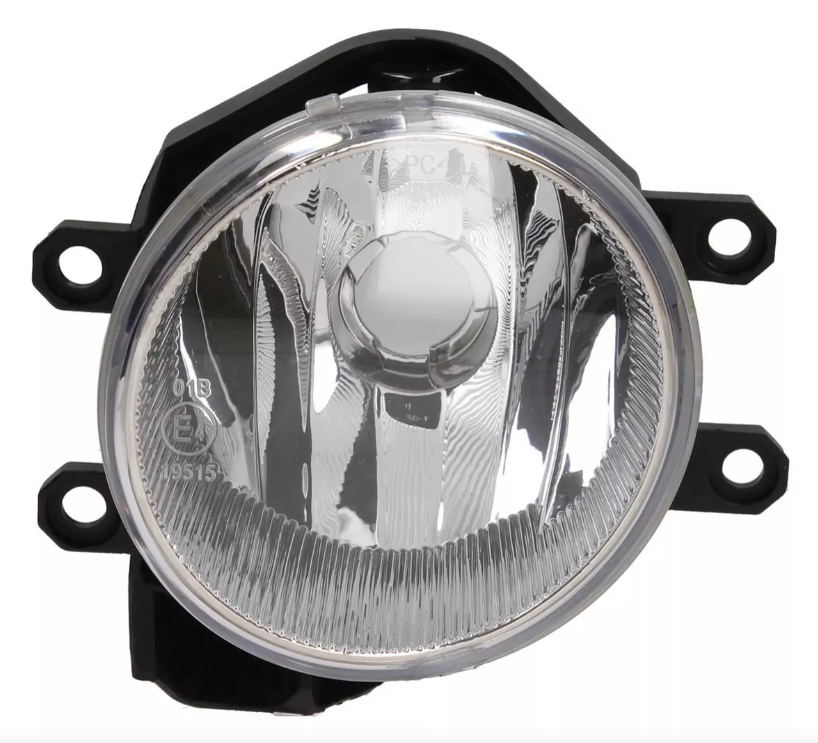 Faro antiniebla redondo transparente para automóvil con carcasa negra y soportes de montaje.