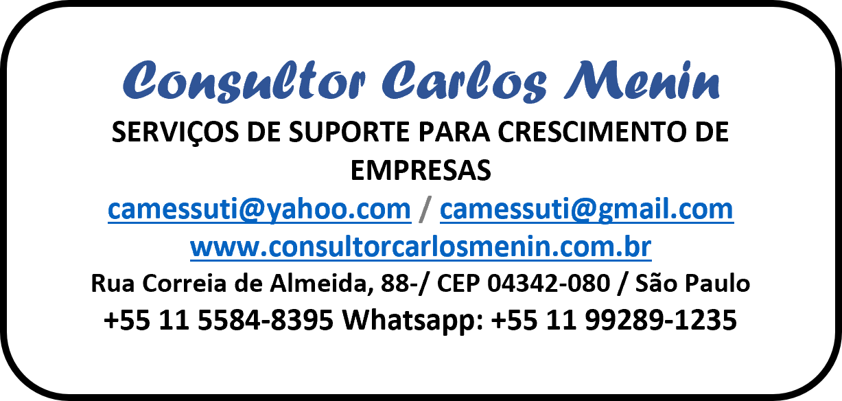 Cartão de visita do Consultor Carlos Menin, serviços de suporte de TI para empresas, com dados de contato e site.