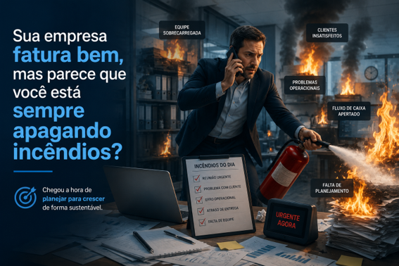 Empresário apagando incêndios em um escritório simboliza os desafios da gestão empresarial, como falta de inovação, vendas insuficientes, problemas operacionais, fluxo de caixa apertado, clientes insatisfeitos e falta de planejamento. Campanha da Consultoria Estratégica Carlos Menin para inovação, incremento de vendas por meio de marketing eficaz, planejamento estratégico, otimização de processos e crescimento sustentável de empresas.